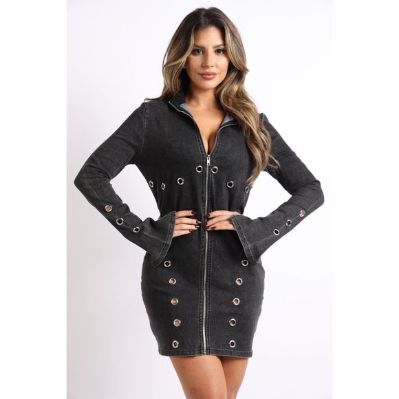 Boutique Dresses & Skirts - Women's Casual Knit Denim Grommet Trimmed Mini Dress Zipper Front Long Sleeve